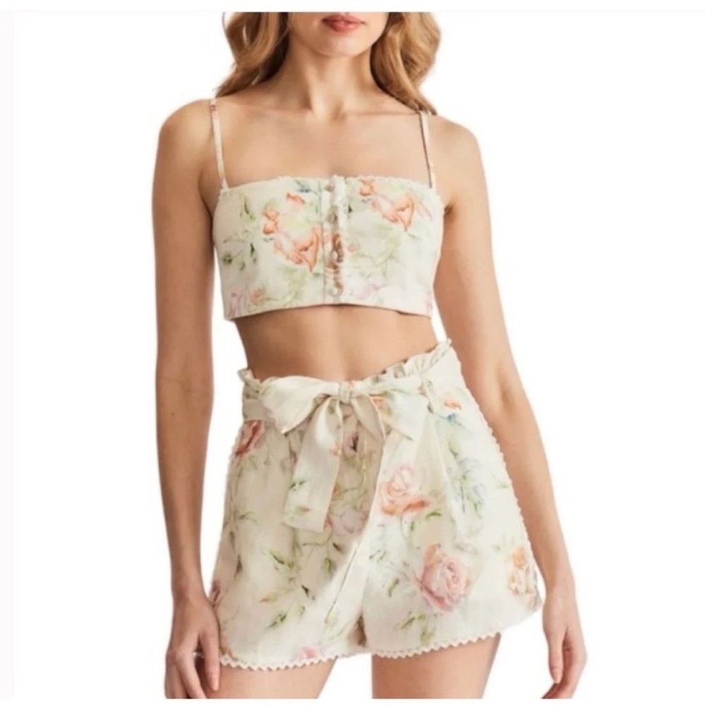 Caroline Constas Linen Crochet Floral Crop Top & High-Waist Shorts Set